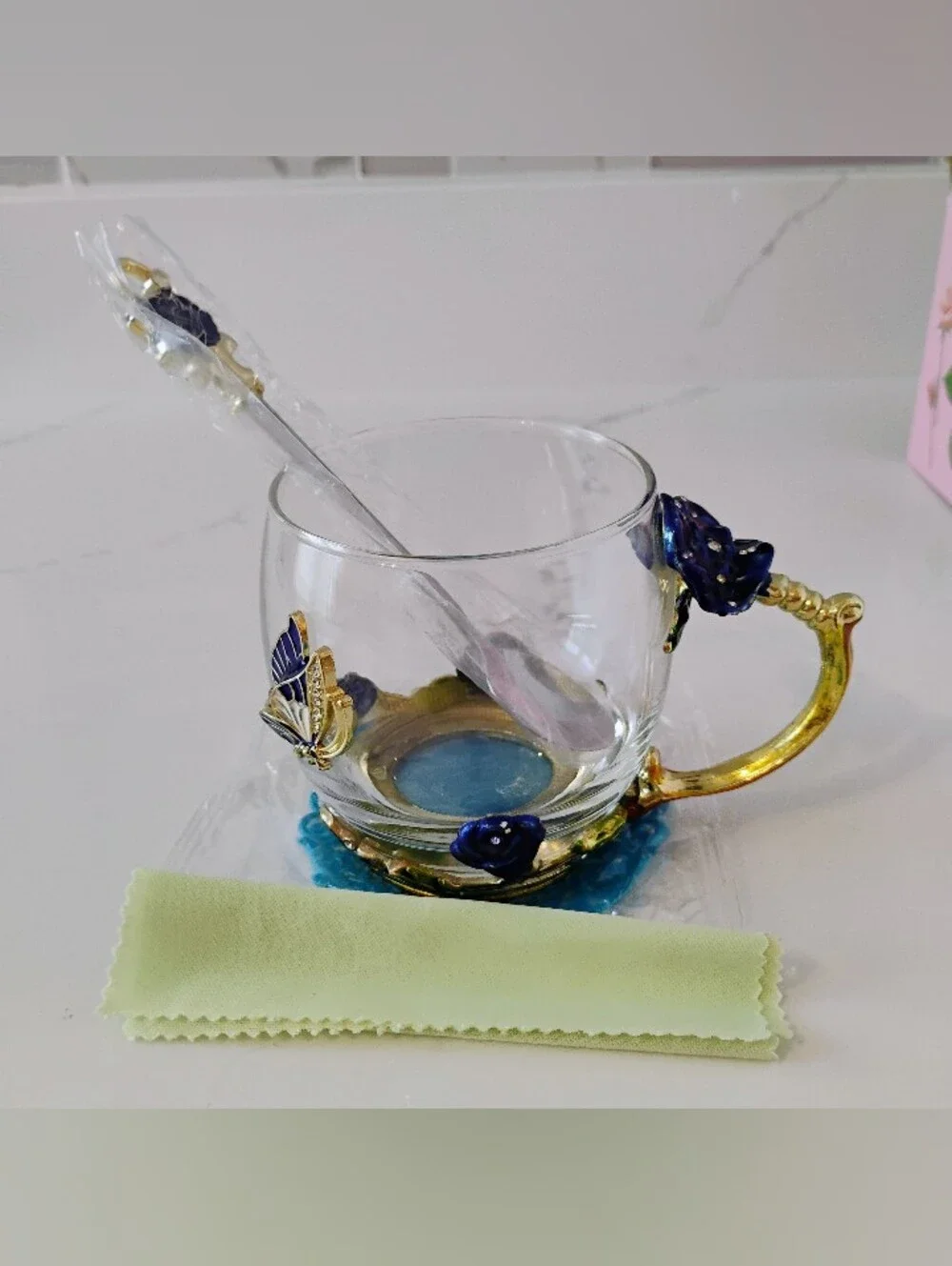 NIB Glass Tea Cup Set w/Enamel Butterfly Accents - Blue & Gold